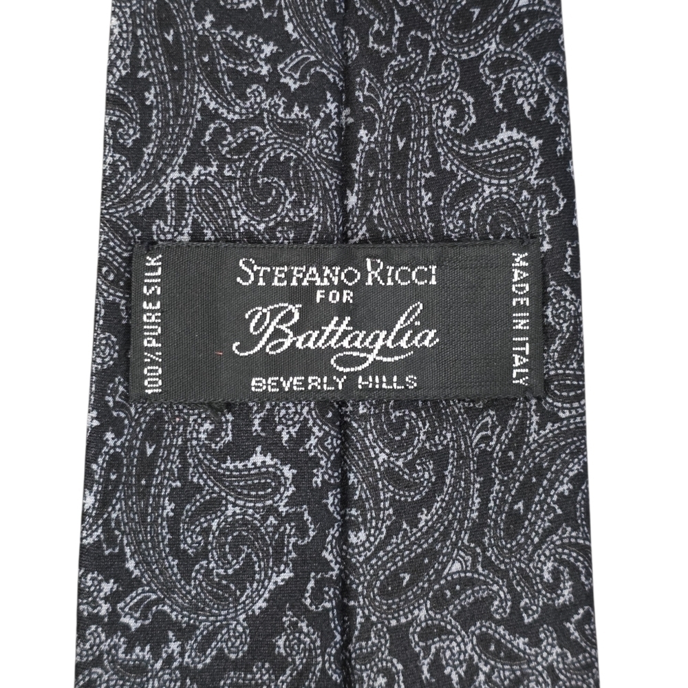 Stefano Ricci for Battaglia Y2K-era Silk Tie Black/Silver Paisley Italy Luxury
